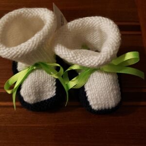 White and Navy Baby Booties with Green Ribbon
